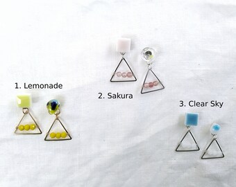 Spring Colors! Asymmetric Dangling Earrings |Lemonade/Sakura/Clear Sky| Glass Cabochons/ Square Tiles/ Triangle Charms/ Glass Beads
