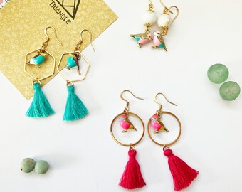 Bird Charm Dangling Earrings| Purple/Blue Pink/Blue Tassels Moonstone Circle Hexagon Chams Convertable to Non-Hole Clips