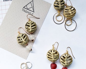 Dangling Earrings African Recycled Beads/African Recycled Brass Beads/ Ring Charms/ Red/ White