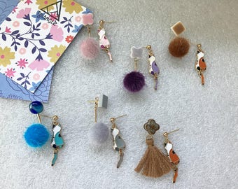 MeowMeow&PomPom Asymmetric Dangling Earrings/ Colorful
