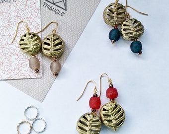 Dangling Earrings African Recycled Beads/African Recycled Brass Beads/Beige/Red/Green