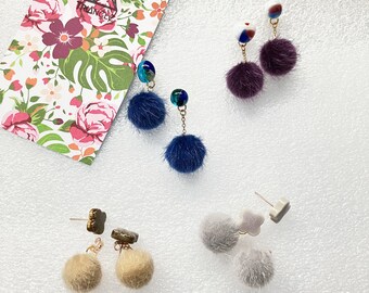 Pompom Dangling Earring Semi-Asymmetry Glass Cabochons Symmetry Clover Tiles Blue Purple Purple Gold Non-Hole Clips