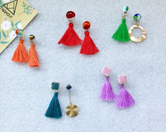 COLORFUL! Glass Cabochons x Tassels/ Clover Tiles x Tassels Charms/ Orange Red Green Teal Pink