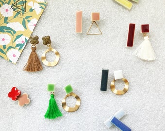 Color Blocks Asymmetry Earrings/ Playful Shapes/ Rectangle Square Triangle Circle/ Tiles Tassels Charms/ Gold Pink Maroon Black&White Green
