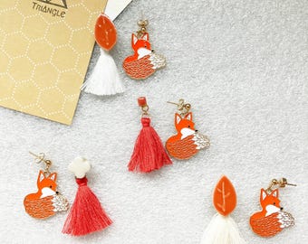 Fox and Tail Leaf Clover/ Fall Color Asymmetric Dangling Earrings/ Tassels Leaf Tiles Square Tiles Clover Tiles/ Orange White