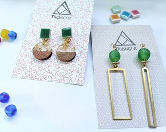 Deep Summer Green| African beads | Square tiles | Asymmetric Dangling Earrings | Rectangle Charms/Wood Charms