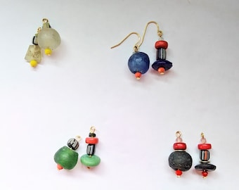 Recycled African Glass Beads Dangling Asymmetry Hook Earrings/ Clear Navy Green Charcoal/ Adjustable Non-hole Clips