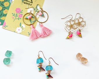 Bird Charm Dangling Earrings/ Circle Charm, Tassel, Flower Charm, Recycled African Glass Beads/ Pink, Blue, Purple, Yellow
