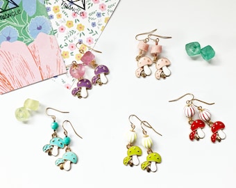 Spring Dangling Earrings! Mushroom Charms Spring Colors/Plums, Sakura, Robin Egg, Lime, Cherry/ African Recycled Glass Beads, Czech beads