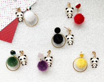 Colorful Pandas with PomPom/ Asymmetric Dangling Earrings/ Black White Red Yellow Purple Green