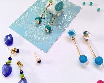 Beautiful! Recycled Glass Beads Asymmetry Dangling Earrings | Shades of Blue | Glass Beads/ Tiles/ Leaf Tile/ Natural Stones/ Wood Beads