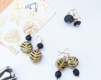 Dangling Earrings African Recycled Glass & Brass Beads/ Symmetry Asymmetry/ Black/Gold/ Stripe/ Mix Match