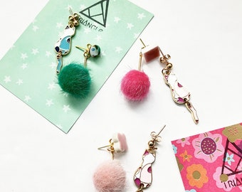 Kitty Cat & Pompom/ Asymmetry Earrings/ Green Pink Avocado Sakura Ume/ Ceramic Tiles Clover Square Glass Cabochon Cat Charms Non hole option