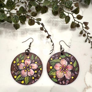 Pink flowers Round Dangle Earrings, Wood Earrings with Bronze Hooks, Bright Floral Statement Earrings, One of a Kind Boho Earrings, Gift for