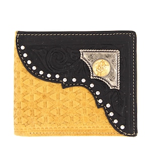 Cartera corta de cuero genuino West Star Texas marrón con tachuelas en caja de regalo - Cartera de cuero plegable estilo occidental con tejido en relieve Bull Rider Concho