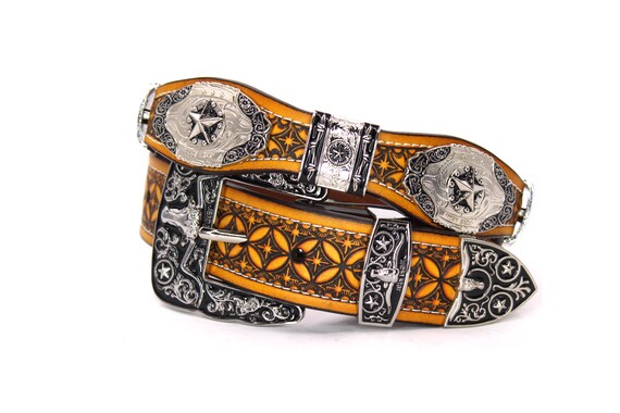 Brown Leather Belt with Star Accents Brown Leather Western Belt with Silver Buckle Star Accents  main image 4