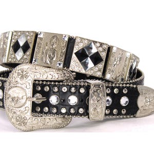 Cinturón vaquero con diamantes de imitación: cinturón occidental de cuero negro con hebilla de cuerno largo