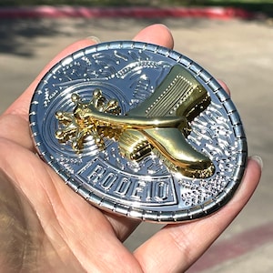 Western Rodeo Belt Buckle: Gold & Silver Spinning Boot Spur