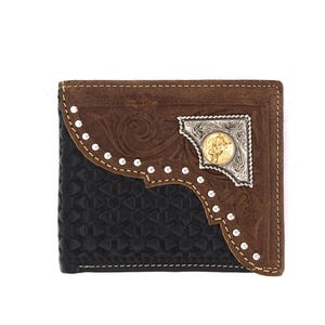 Cartera corta de cuero genuino West Star Texas de color negro con tachuelas en caja de regalo - Cartera de cuero plegable estilo occidental con tejido en relieve y concho de jinete de toro