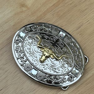Western Longhorn Buckle Unisex Clear Rhinestone Oval Silver Zinc Fit 2&#39;&#39; Rodeo Cowboy Buckle