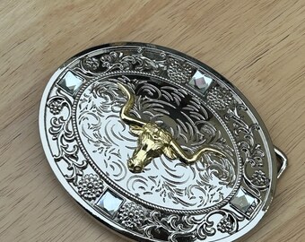 Western Longhorn Buckle Unisex Clear Rhinestone Oval Silver Zinc Fit 2'' Rodeo Cowboy Buckle