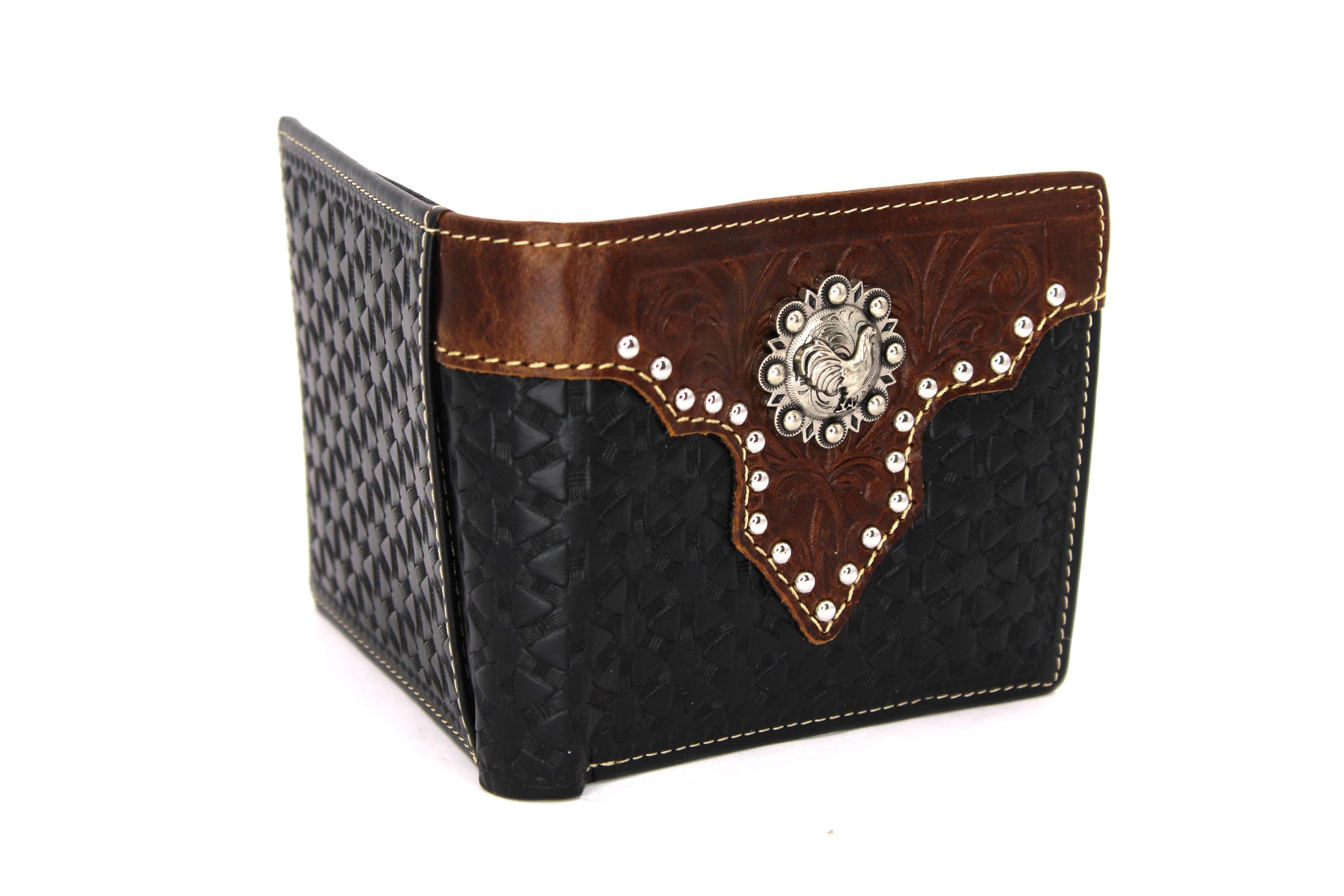 リクエスト Western Leather Bi-fold Wallet: Embossed Weave, Rooster