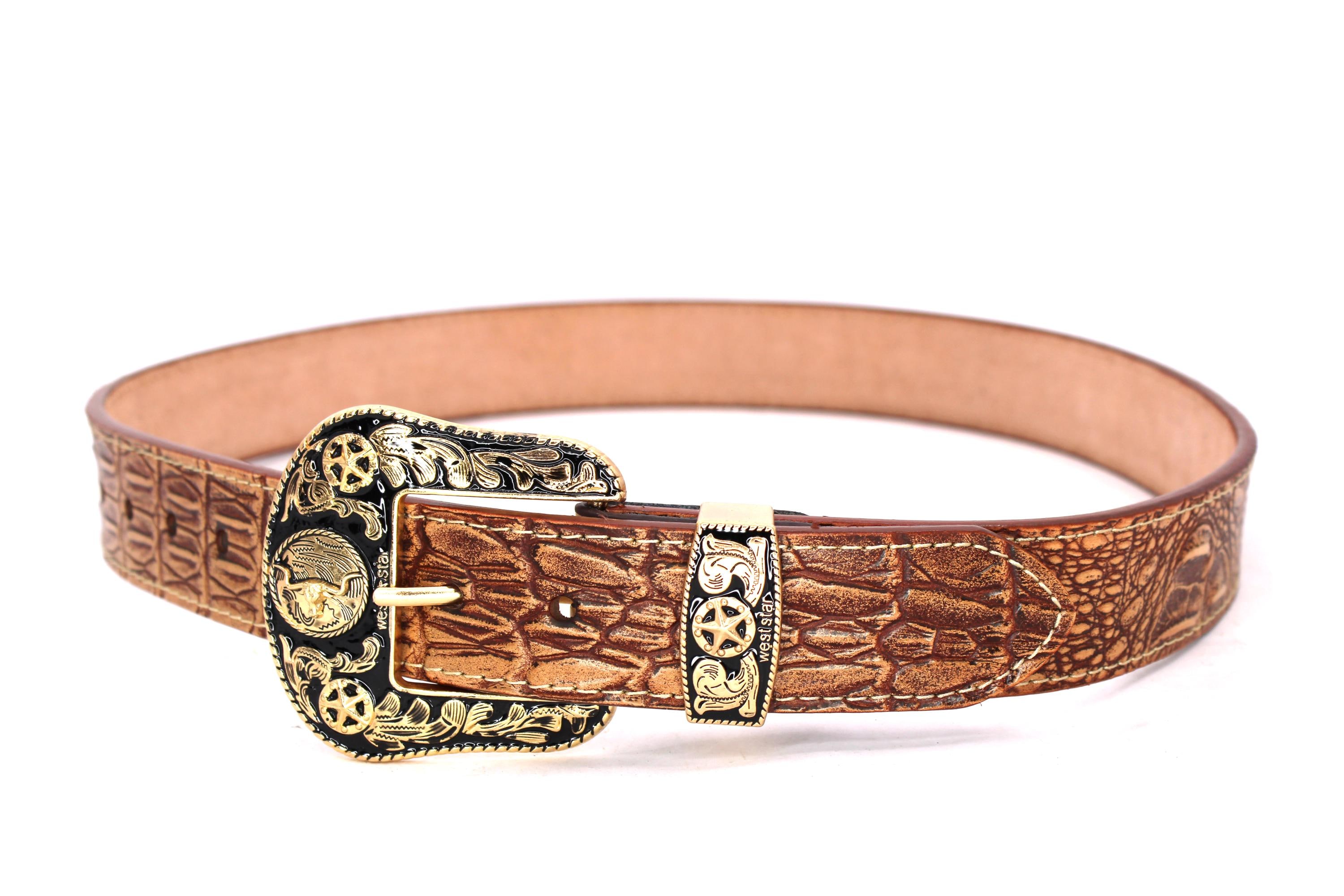 Western Belt: Genuine Leather Crocodile Embossed, Gold Bull 
