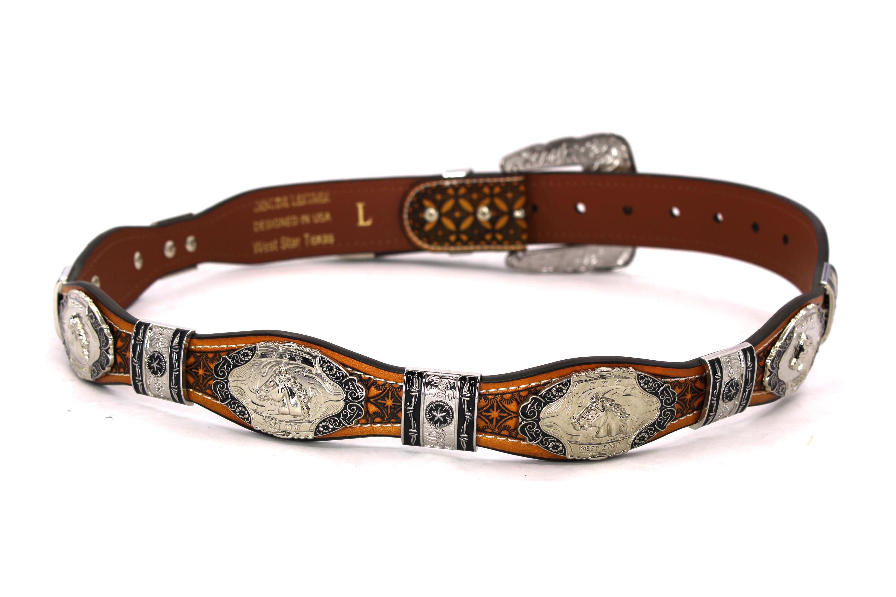 Brown Leather Western Belt: Concho Cowboy Rodeo Horse Head  display picture 2