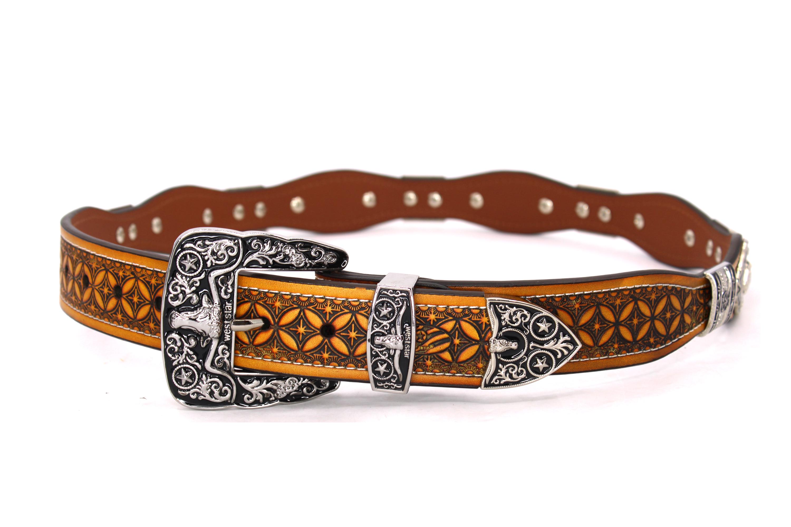 Brown Leather Western Belt: Concho Cowboy Rodeo Horse Head 