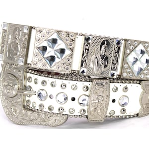 Rhinestone Cowboy Belt: White Leather, Jesus & Longhorn, Western Fashion