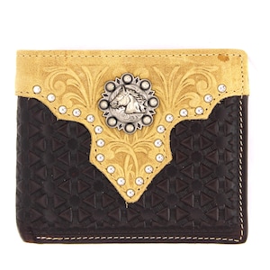 Cartera corta de cuero genuino West Star Texas con tachuelas en color café, caja de regalo, billetera de cuero plegable estilo occidental con tejido en relieve y concho de caballo