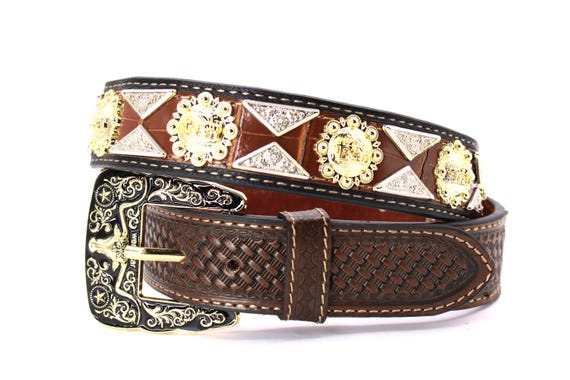 Western Style Coffee Leather Belt Gold Silver Embellishment