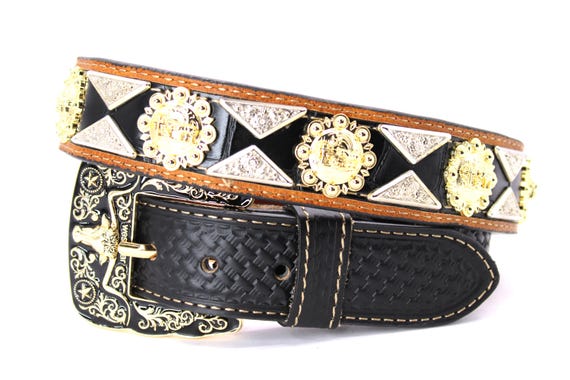 Western Leather Belt: Black, Gold & Silver Conchos, Longhorn  display picture 2