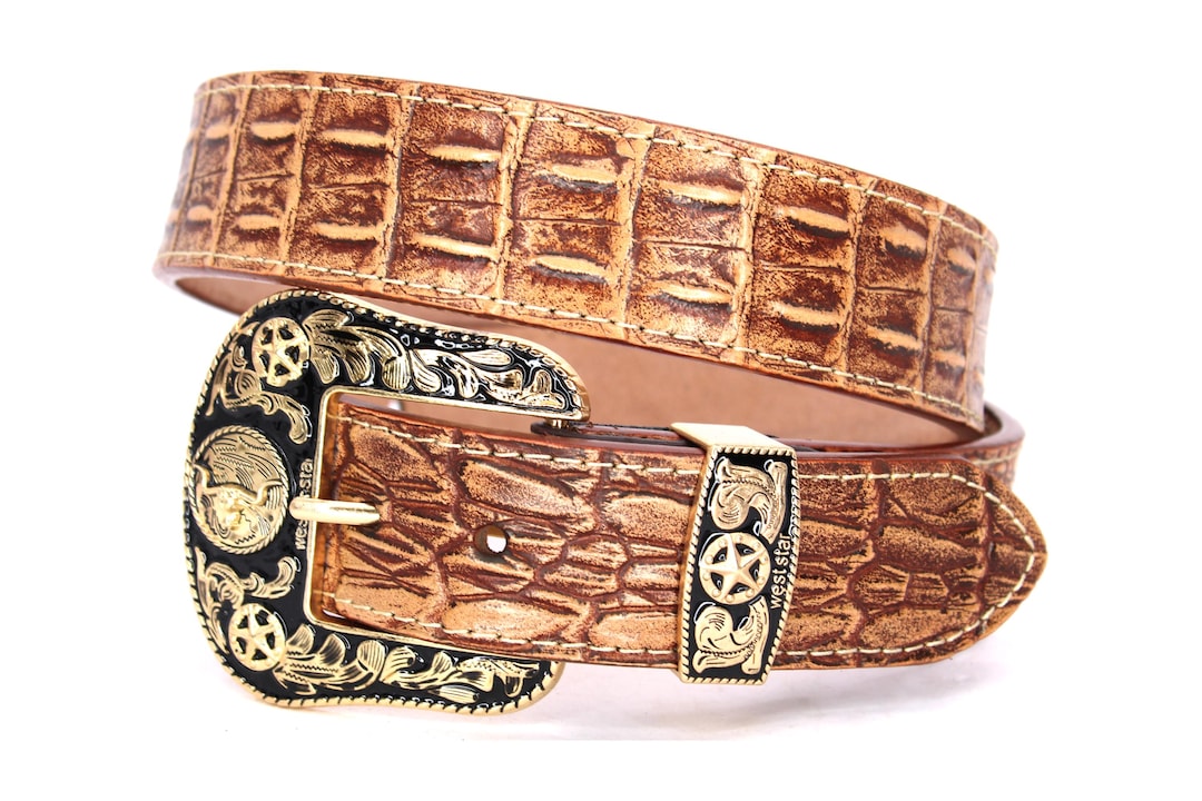 Western Belt: Genuine Leather Crocodile Embossed, Gold Bull  display picture 3