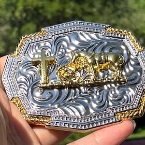 Western Cowboy Belt Buckle: Gold Silver Rodeo Prayer Buckle