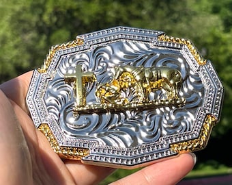 Western Cowboy Belt Buckle: Gold Silver Rodeo Prayer Buckle