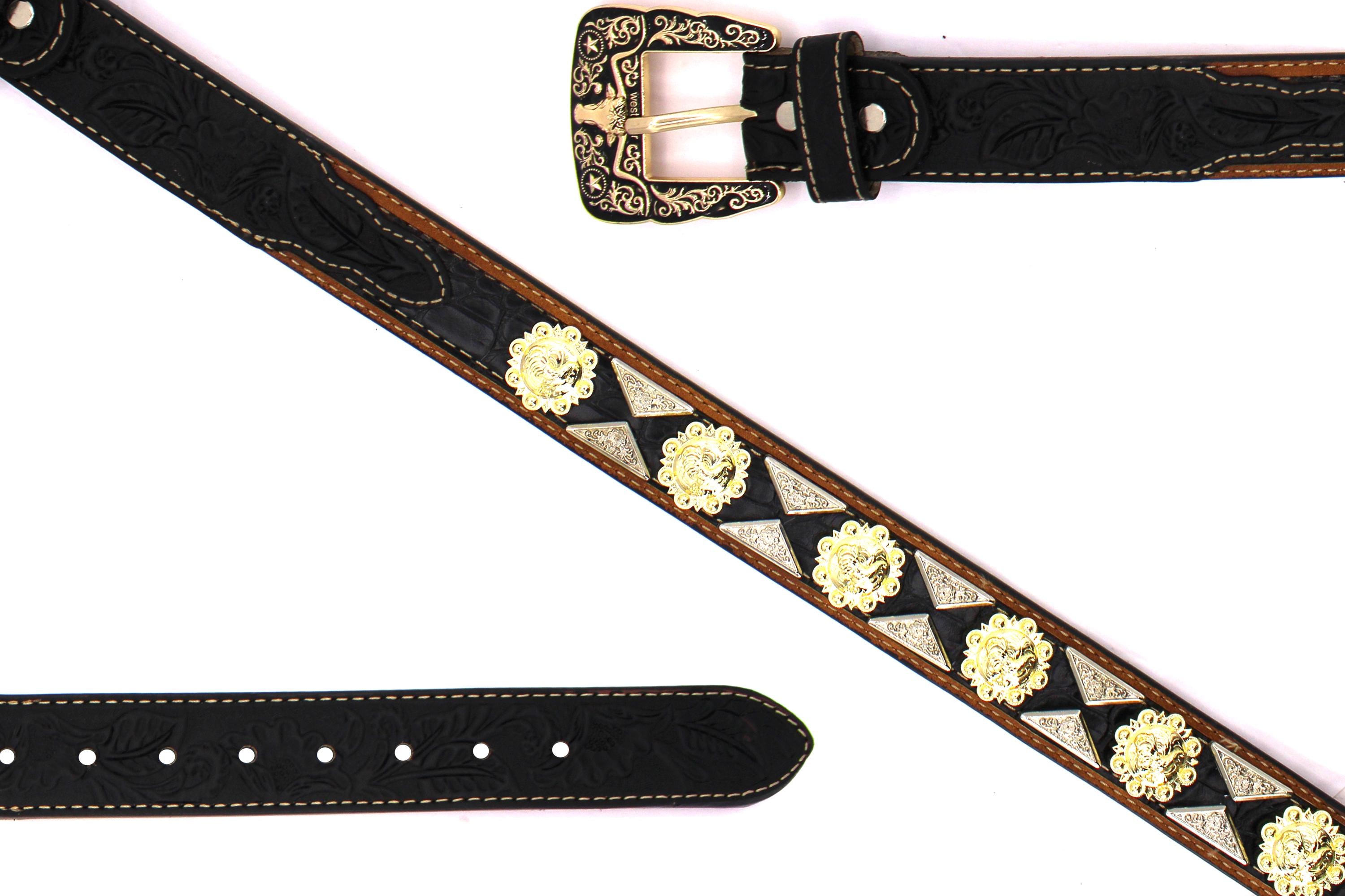 Western Leather Belt: Black, Gold & Silver Conchos, Longhorn 