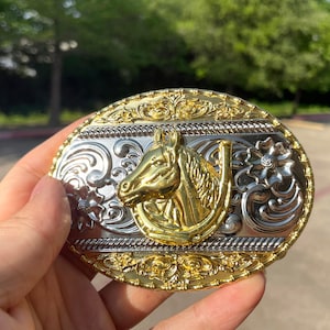 Western Gold & Silver Horse Buckle: Rodeo Cowboy Belt Buckle