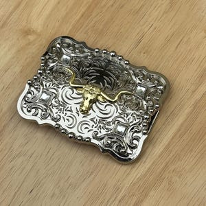 Western Longhorn Buckle Unisex Clear Rhinestone Square Silver Zinc Fit 2&#39;&#39; Rodeo Cowboy Buckle