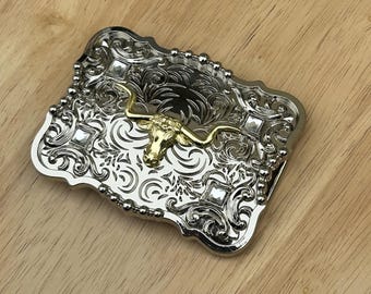 Western Longhorn Buckle Unisex Clear Rhinestone Square Silver Zinc Fit 2'' Rodeo Cowboy Buckle