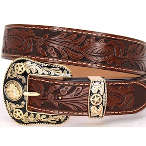 Western Belt Genuine Leather Gold Horse Head Buckle Coffee Floral Flower Belt Pants Size 30 34 38 42
