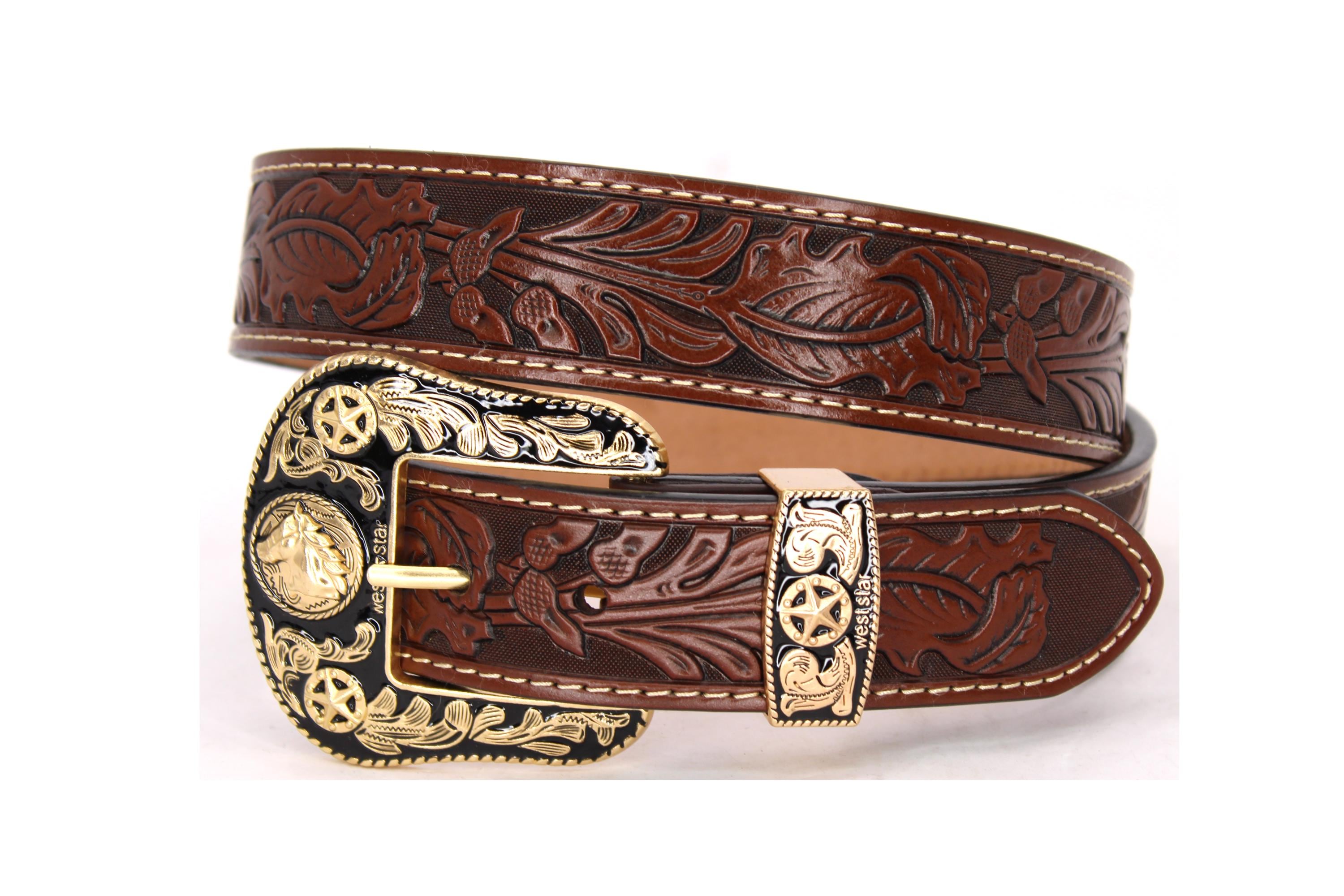 Floral Tooled Leather Western Belt: Gold Horse Buckle - Etsy display picture 1
