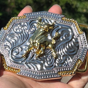 Western Bull Belt Buckle: Gold & Silver Rodeo Cowboy Buckle