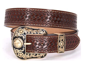 May include: A brown leather belt with a woven pattern and a large ornate gold buckle featuring a star and floral design.