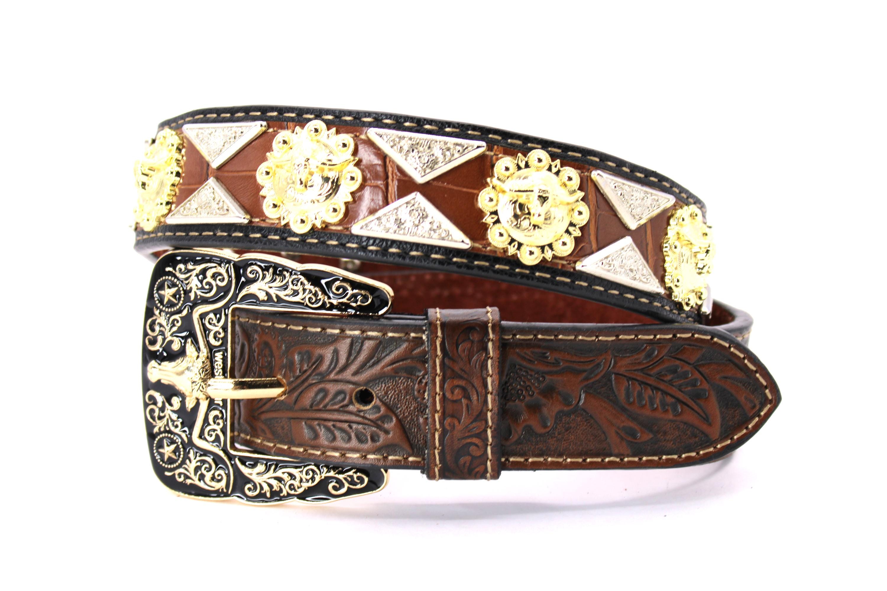 Western Leather Belt: Gold Silver Conchos, Longhorn Buckle  display picture 3