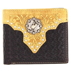 Cartera corta de cuero genuino West Star Texas con tachuelas en color café, caja de regalo, billetera de cuero plegable estilo occidental con tejido en relieve y concho de jinete de toro
