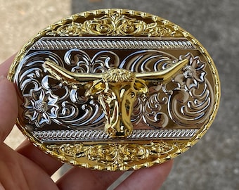 Longhorn Bull Belt Buckle: Western Cowboy Gold Silver Zinc Alloy