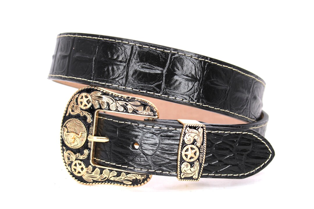 Western Leather Belt Gold Cowboy Longhorn Rodeo Buckle  display picture 1