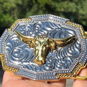 Longhorn Bull Belt Buckle: Gold & Silver Rodeo Cowboy Buckle
