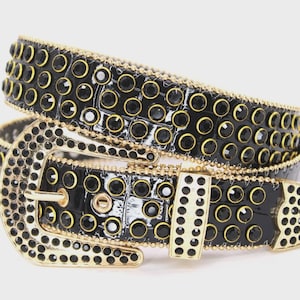 Rhinestone Western Belt: Gold & Black Leather Unisex Belt
